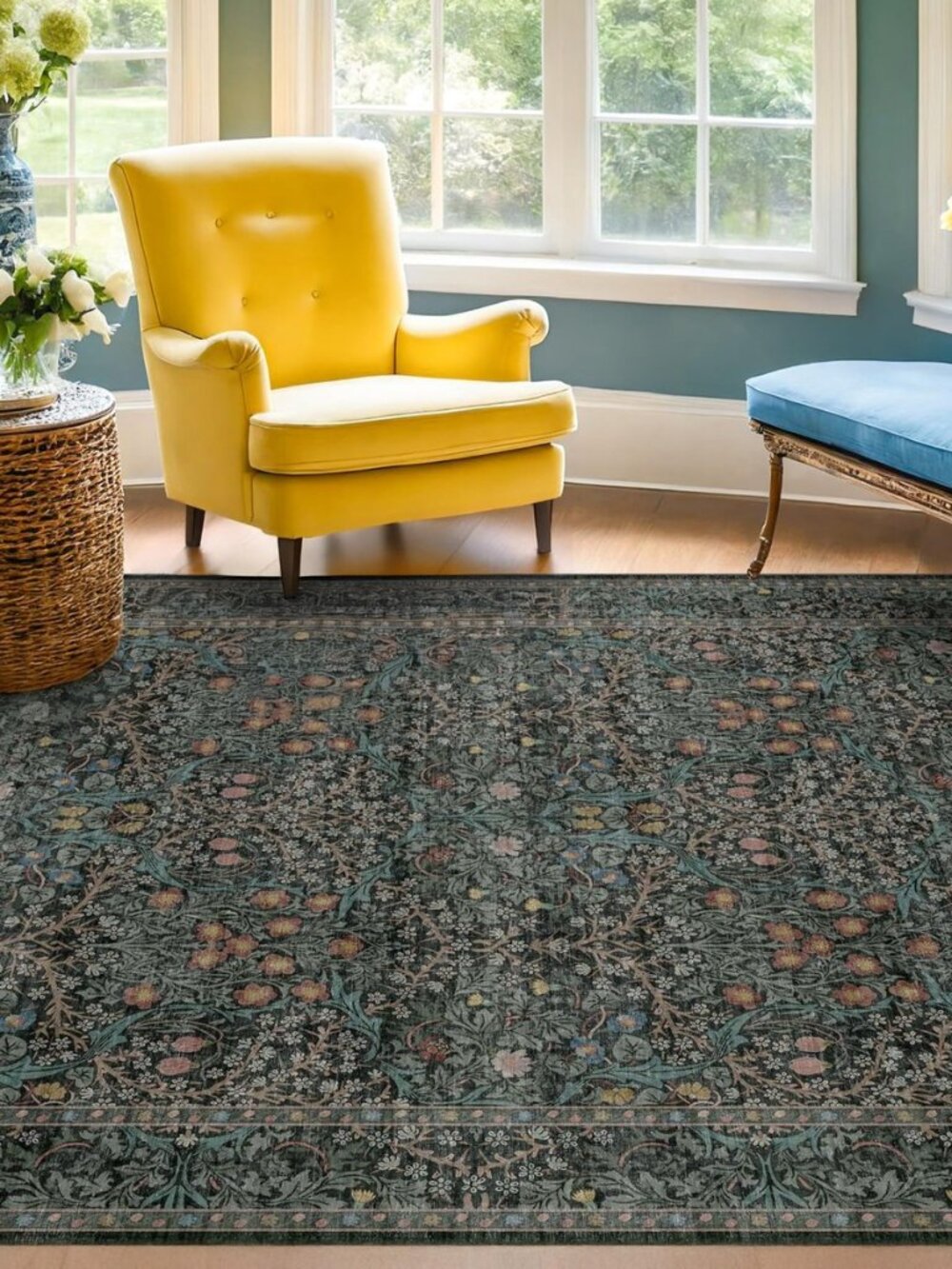 Washable Vintage 5x8 Living Room Rug, Dark Green Floral Area Rug for Bedroom